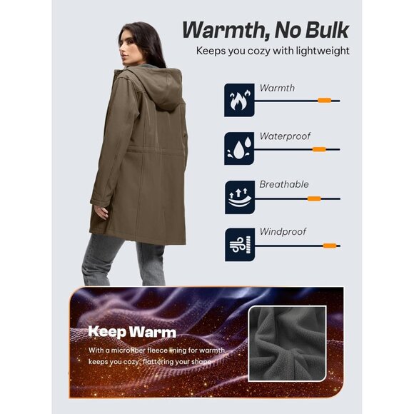 Women's Waterproof Rain Jacket with Fleece Lining Hooded Windbreaker Long Warm O - Picture 2 of 6